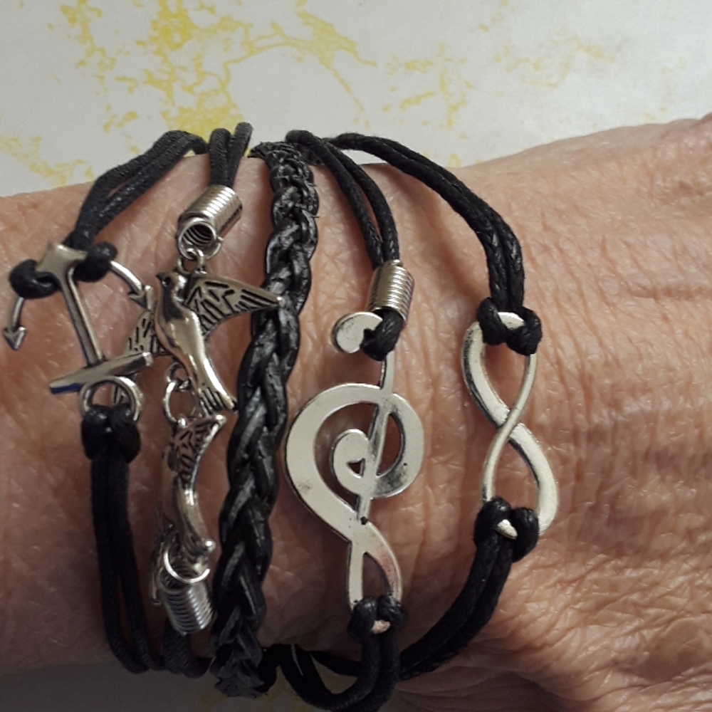 Women's Black leather and Silvertone Musical Bracelet